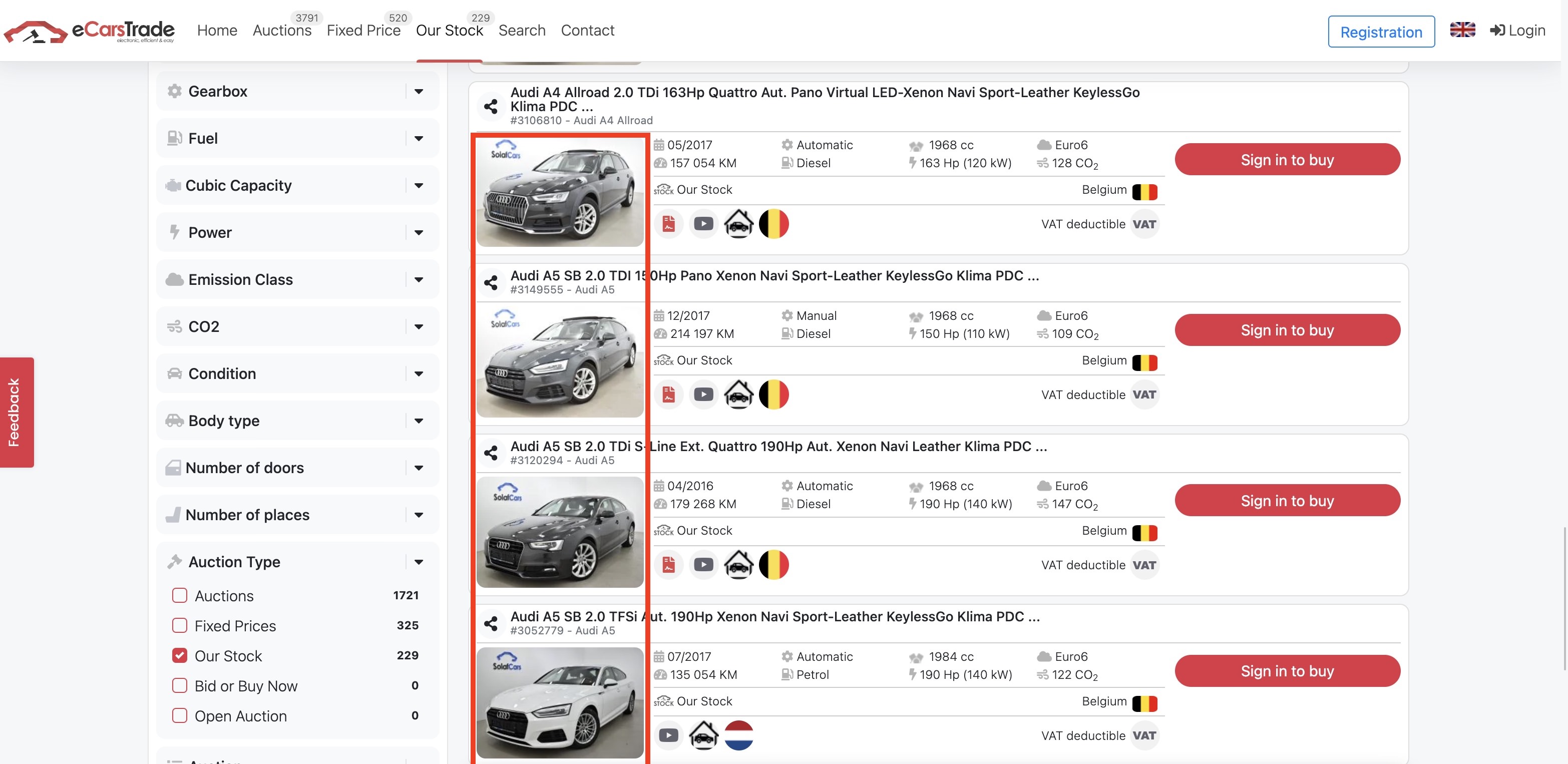 eCarsTrade screenshot from website showing photos of cars